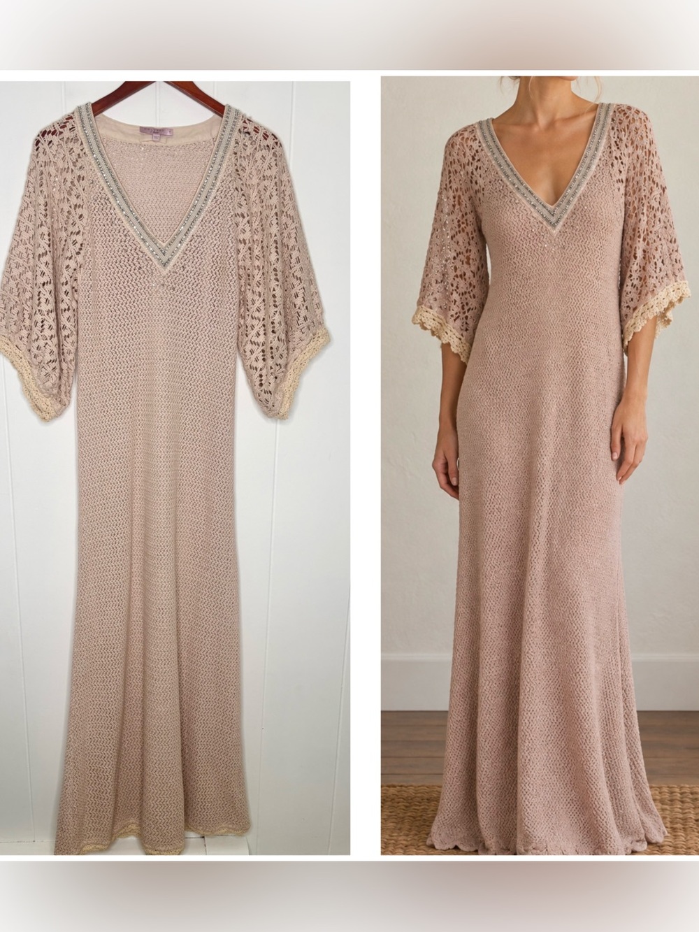 Calypso St. Barth Blush Pink Crochet Maxi Dress Beading Jeweled Cruise Vacation